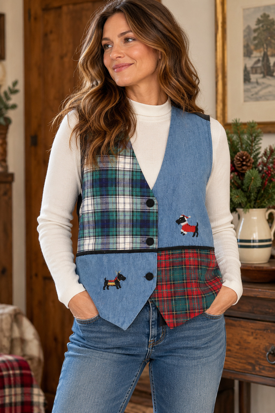 Cabin Creek Cotton Plaid Winter Vest Embroidered Size L